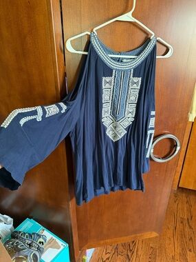 Style & Co. Navy Cold-Shoulder Embroidered Blouse